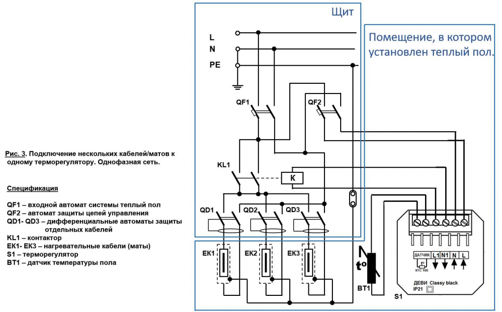 Подключение терморегулятора теплого пола электрического. Подключение тёплого пола к электричеству схема терморегулятора. Схема подключения электрического теплого пола к терморегулятору. Схема подключения терморегулятора через контактор для тёплых полов. Электрическая схема теплого пола с терморегулятором.